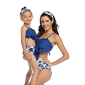 Koningsblauwe tankini-set met ruches en broekje met hoge taille en palmprint - Kinderen 116 / Koningsblauw Print