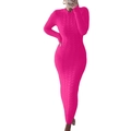 Detail of rose red cable knit long sleeve maxi dress showing textured weave and slim fit - S / Rose Red