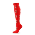 Knee-high red Christmas compression socks featuring brown reindeer patterns for holidays - Red Base Reindeer