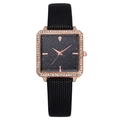 Square rose gold watch for women with starry dial, diamond bezel and black leather strap - Black Lychee Pattern