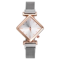 Fashion women's quartz watch with rhombic rose gold case and silver mesh strap - Silver