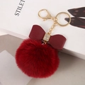 8cm faux rabbit fur fluffy keychain with burgundy bow and rhinestone in wine red - Wine Red - Litchi Bow