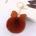 Brown faux rabbit fur pom pom keychain with rhinestone bow and golden lobster clasp - Caramel - Litchi Bow
