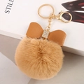 Brown faux rabbit fur pom pom keychain with a rhinestone studded bow and gold clasp - Camel - Litchi Bow