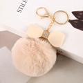 Beige faux konijnenvacht pompon sleutelhanger met kristallen strik en gouden haak - Abrikoos - Litchi Strik