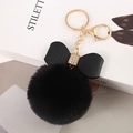 Detail of 8cm black fluffy faux rabbit fur pompom keychain with rhinestone bow and gold clip - Black