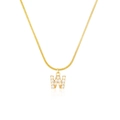 Detail of gold snake chain necklace featuring a crystal-encrusted letter W pendant - Letter W