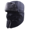 Winter faux leather trapper hat in black with gray fur lining and breathing valve mask - Breathing Valve Mask Style / Navy Blue