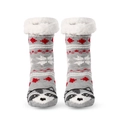 Grey Christmas slipper socks with raccoon face, Nordic pattern and plush lining - Grey Fox