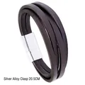 Minimalist double-wrap leather bracelet for men with silver alloy clasp, 20.5cm length - Silver Alloy Clasp / Brown / 20.5CM
