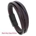 Men's multilayer dark brown leather bracelet with 20.5cm black magnetic alloy clasp - Black Alloy Clasp / Black / 20.5CM