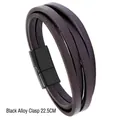 Three-layer multilayer dark brown leather bracelet with black magnetic alloy buckle - Black Alloy Clasp / Black / 22.5CM