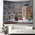 Tapiz navideño con linterna rústica y piñas sobre fondo de madera decorativa - 150x130cm / Linterna de Invierno Estrella