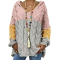 Detail of color-block knit hoodie with pink, grey and yellow cable stitch texture - S / Pink + Grey