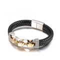 Mens black braided leather bracelet with gold and silver steel chain on white background - 19cm / Two-tone Gold Silver Style (KB139634-KFC)