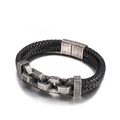 Bracelet pour homme en cuir tressé noir avec maillons en métal argenté antique - 19cm / Style Oxydé Vintage (KB139636-KFC)