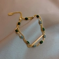 Bracelet double couche plaqué or vintage avec breloques ovales vertes et grises - 10# Style de Pierre Gemme de Couleur de Barre d'Or (Plaqué Or Véritable)