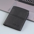 Men's short black lychee leather wallet featuring a woven texture panel and card slots - Black