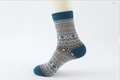 Retro ethnic wool blend men's warm crew sock in deep teal with geometric jacquard pattern - One Size / Blue