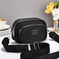 Minimalist black nylon crossbody bag with three zipper layers and wide shoulder strap - Black Oxford Cloth