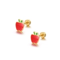 Cute red apple stud earrings in titanium steel with green leaf detail and screw backs - Red