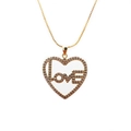 Golden heart pendant necklace with zircon-studded LOVE design and box chain on white background - 0021 Box Chain Heart LOVE / Gold