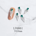 Detail of 7x16mm silver V-shaped nail art charm with green stone and white rhinestones - Silver Green Gem Style (6861)