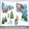 Christmas wall tapestry with red cabin, snowman and deer illustration on white fabric - Winter Hand-drawn Village (Style 5)
