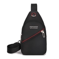 Detail of black oxford fabric sling bag featuring Sport patch and Jingpin metal logo - Black 01