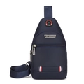 Detail of dark blue oxford sling bag with headphone jack, zipper pocket and stripe detail - Blue 05
