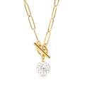 Gold paperclip chain necklace with toggle clasp and sparkling white crystal ball pendant - Gold Necklace (KN115145-Z)