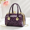 Glossy purple leopard print handbag with pearl rhinestone clasp and gold chain strap - Purple