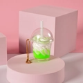 Portachiavi mini tazza di bevanda verde con crema bianca e catenella dorata - Stile catena a sfere / Verde