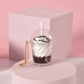 Portachiavi mini tazza di caffè con crema al cioccolato su supporto rosa - Stile catena a sfere / Nero