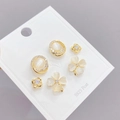 Three-pair gold S925 silver post earrings set with white cat eye stones and clover motifs - 3 Pairs Set / Gold