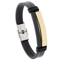 Men's double-layered black leather bracelet with polished gold stainless steel plate - Black Leather + Gold