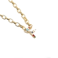 Close-up of golden necklace featuring a letter E pendant with multi-color zircon stones - Letter F