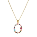 Detailed close-up of a golden letter O pendant set with colorful zirconia stones - Letter O