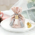 Pink velvet wedding candy bag with gold double happiness charm and sweet love tag - Foggy Pink