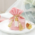 Pink velvet wedding favor drawstring bag with gold tassel and decorative gift tag - Pink