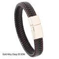 Braided leather bracelet in black and dark brown with 20.5cm golden magnetic buckle - 20.5CM / Gold Alloy Clasp