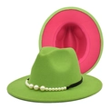 Cappello fedora in feltro da donna bicolore verde e rosa con elegante fascia di perle - M (56-58cm) / Verde Frutta + Rosso Rosa