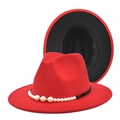 Dettaglio di cappello fedora in lana rosso e nero con fascia di perle e strass - M (56-58cm) / Rosso + Nero