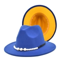 Détail du chapeau fedora bleu roi avec ruban de perles et doublure orange contrastée - M (56-58cm) / Bleu Roi + Jaune