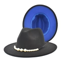 Détail du chapeau en laine avec ruban de perles et doublure intérieure bleu royal - M (56-58cm) / Noir + Bleu Royal