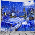 Tapiz navideño con paisaje de invierno, cabañas de nieve y puente en pared blanca - 150x130cm / Cabaña de Nieve de Invierno 1