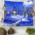 Winter snow scene Christmas tapestry featuring a cozy cabin and church for wall decor - Winter Snow Cabin 2