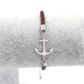 Adjustable brown braided leather anchor bracelet for men and women in stainless steel - Brown