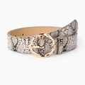 Women's wide faux leather belt featuring a grey snakeskin pattern and gold textured buckle - Snake Print