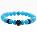 8mm bright blue agate stone bead bracelet with a black alloy skull charm centerpiece - Sky Blue/Black